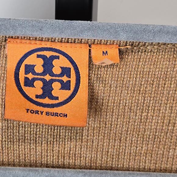 Tory Burch Wool Cashmere Tan Sweater Novelty 3-D Flowers Navy Art To Wear Medium - Picture 3 of 7